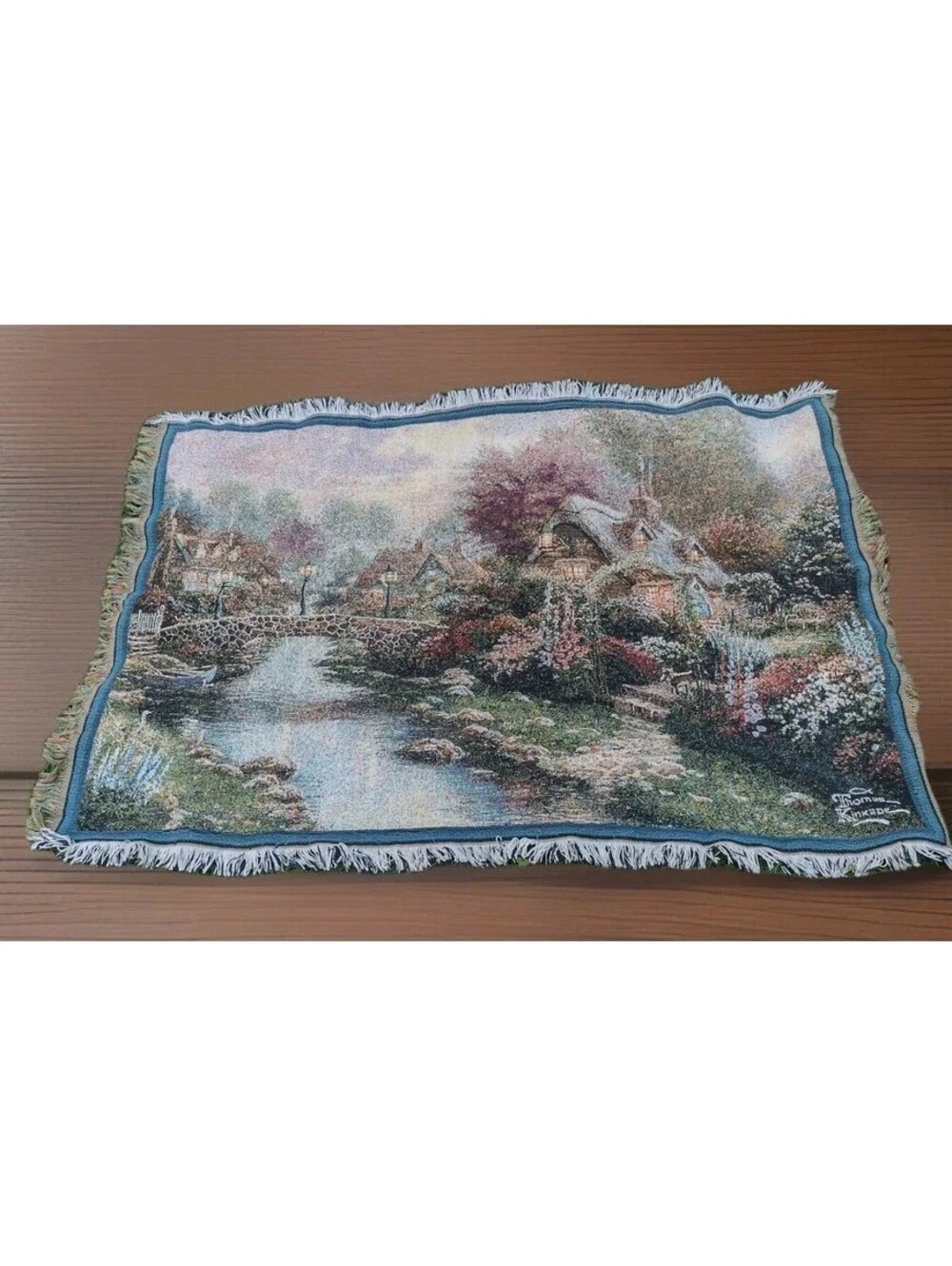 Thomas Kinkade Tapestry Throw Blanket Cottage Bridge Floral Cotton USA Licensed